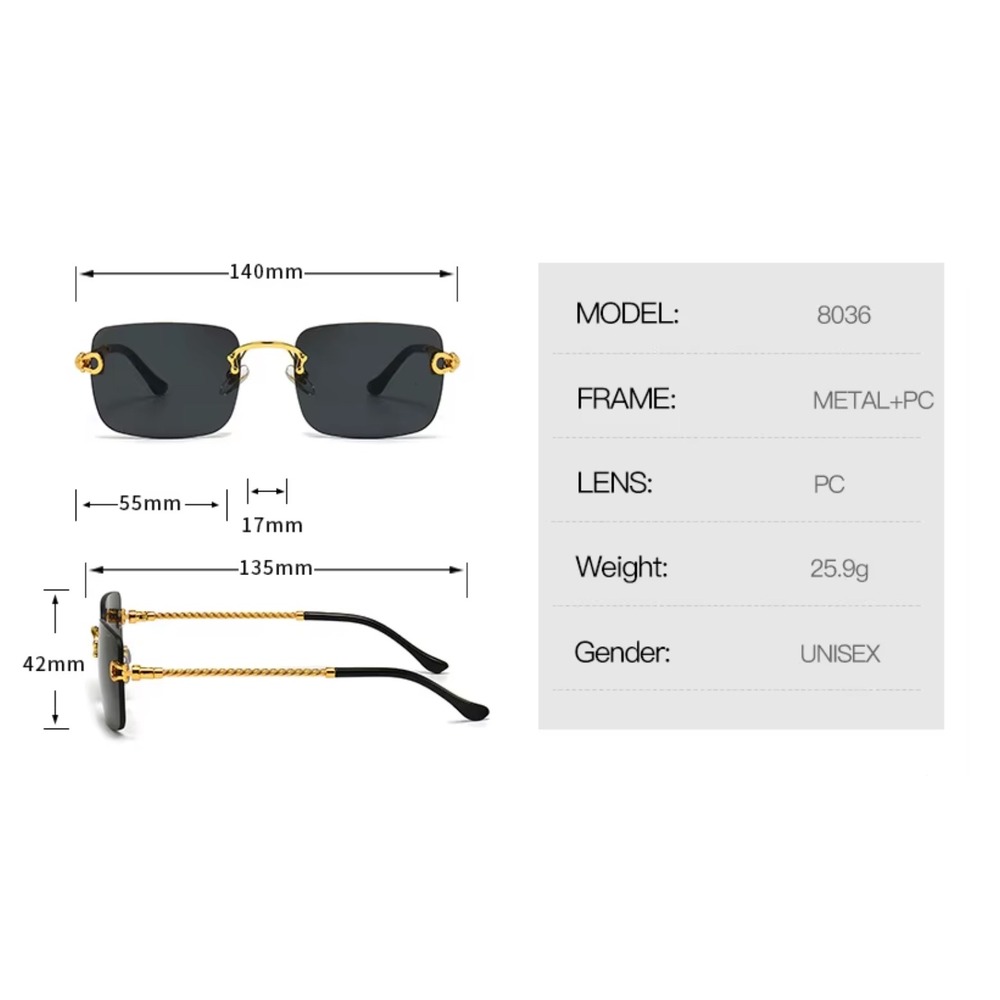 Mens Rimless Square Sunglasses Blue Gradient Gold Twisted Rope Frame Retro Shape - Picture 11 of 11